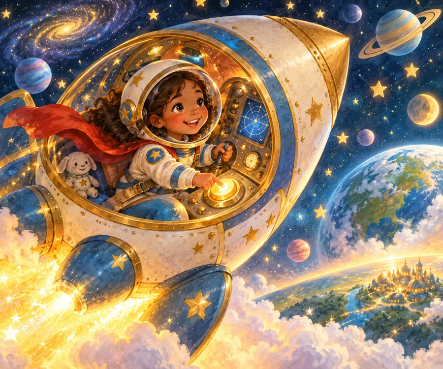 Menina astronauta apertando o botão dourado de um foguete