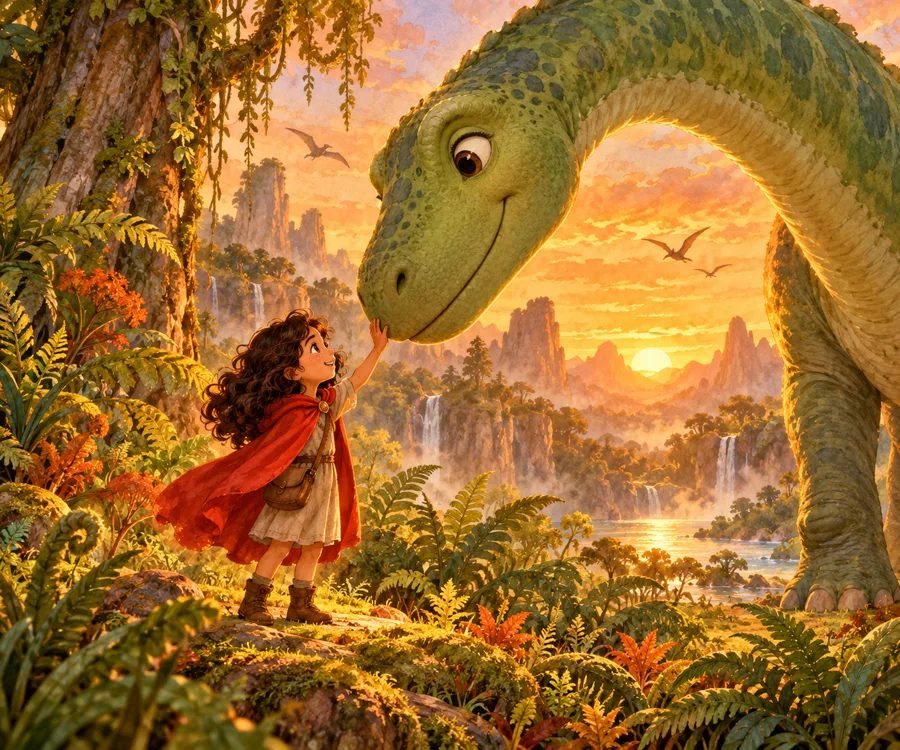 Menina e um dinossauro simpático na floresta