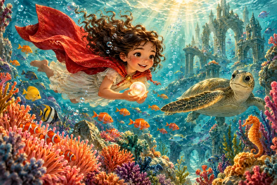 Menina nadando no fundo do mar com peixes e uma pérola